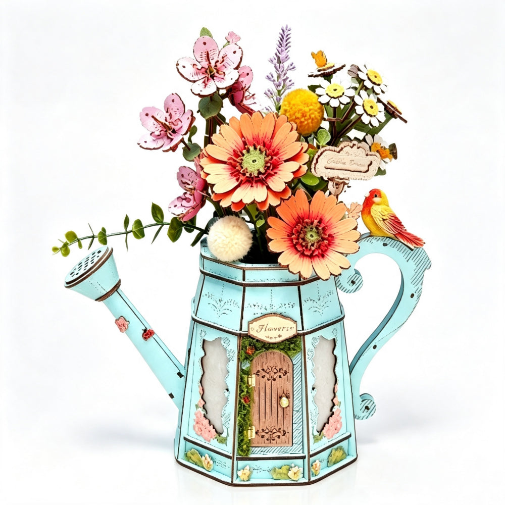 Garden Watering Can Wooden Puzzle Model with Flower Kit