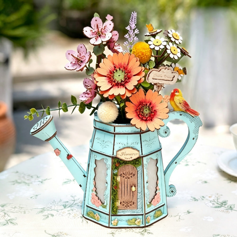 Garden Watering Can Wooden Puzzle Model with Flower Kit