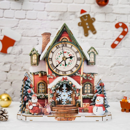 Ugeargeek Wooden Puzzle Wall Clock Series - Christmas Cottage