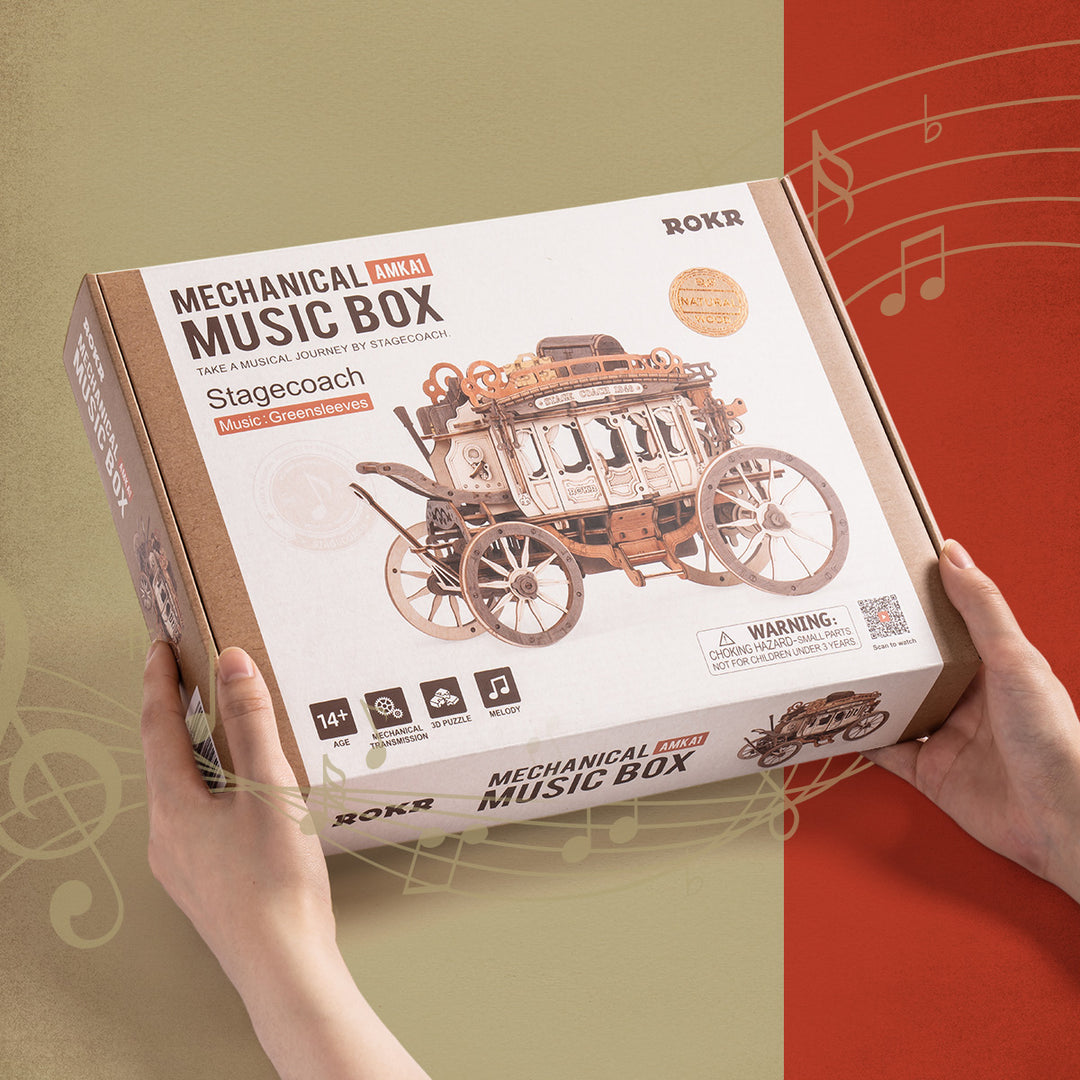 Caja de música mecánica Stagecoach Rompecabezas de madera 3D AMKA1 Rokr 