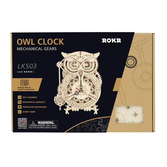 Owl Clock Mechanical Gears 3D Wooden Puzzle LK503 Rokr