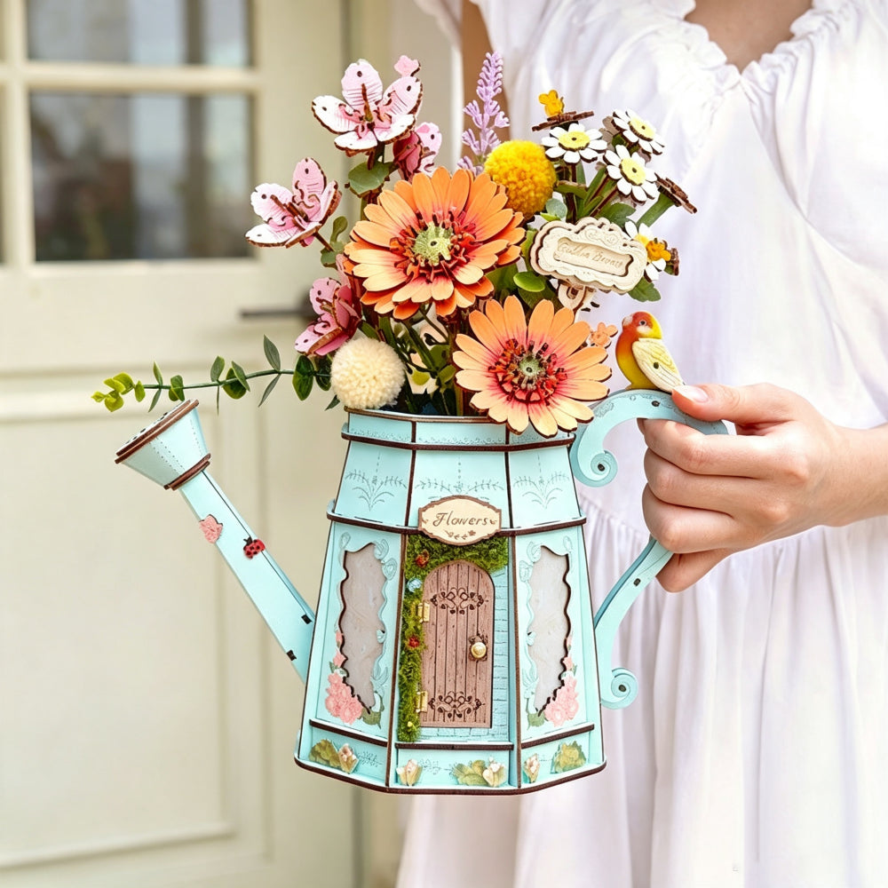Garden Watering Can Wooden Puzzle Model with Flower Kit