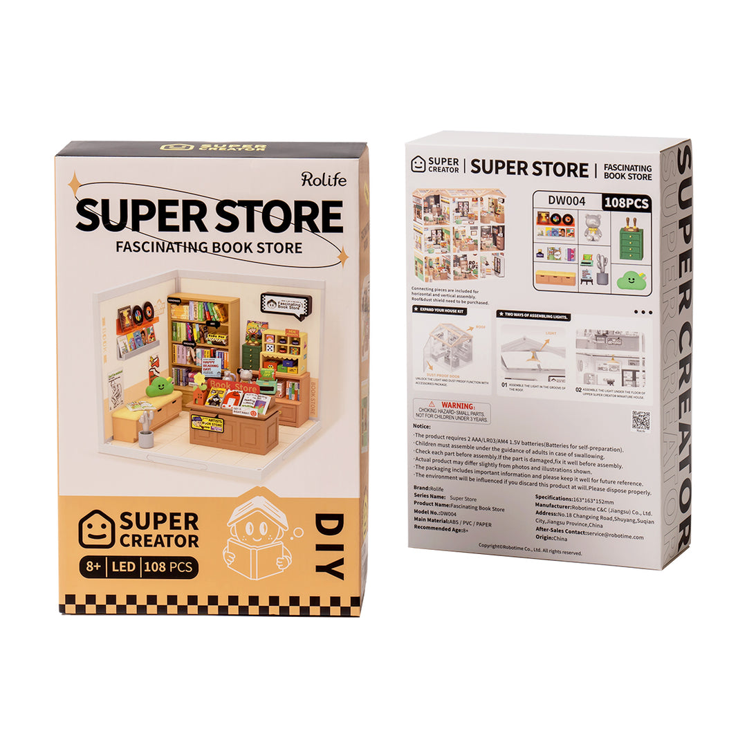 Super Creator Fascinating Book Store Plastic DIY Miniature House Kit DW004 Rolife