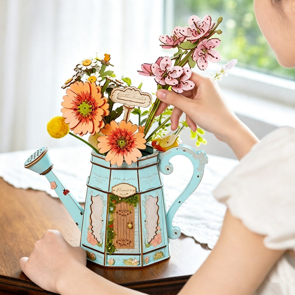 Garden Watering Can Wooden Puzzle Model with Flower Kit