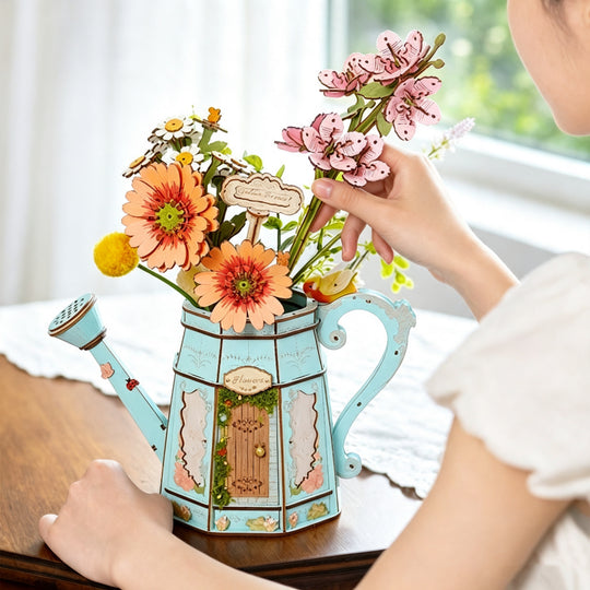 Garden Watering Can Wooden Puzzle Model with Flower Kit