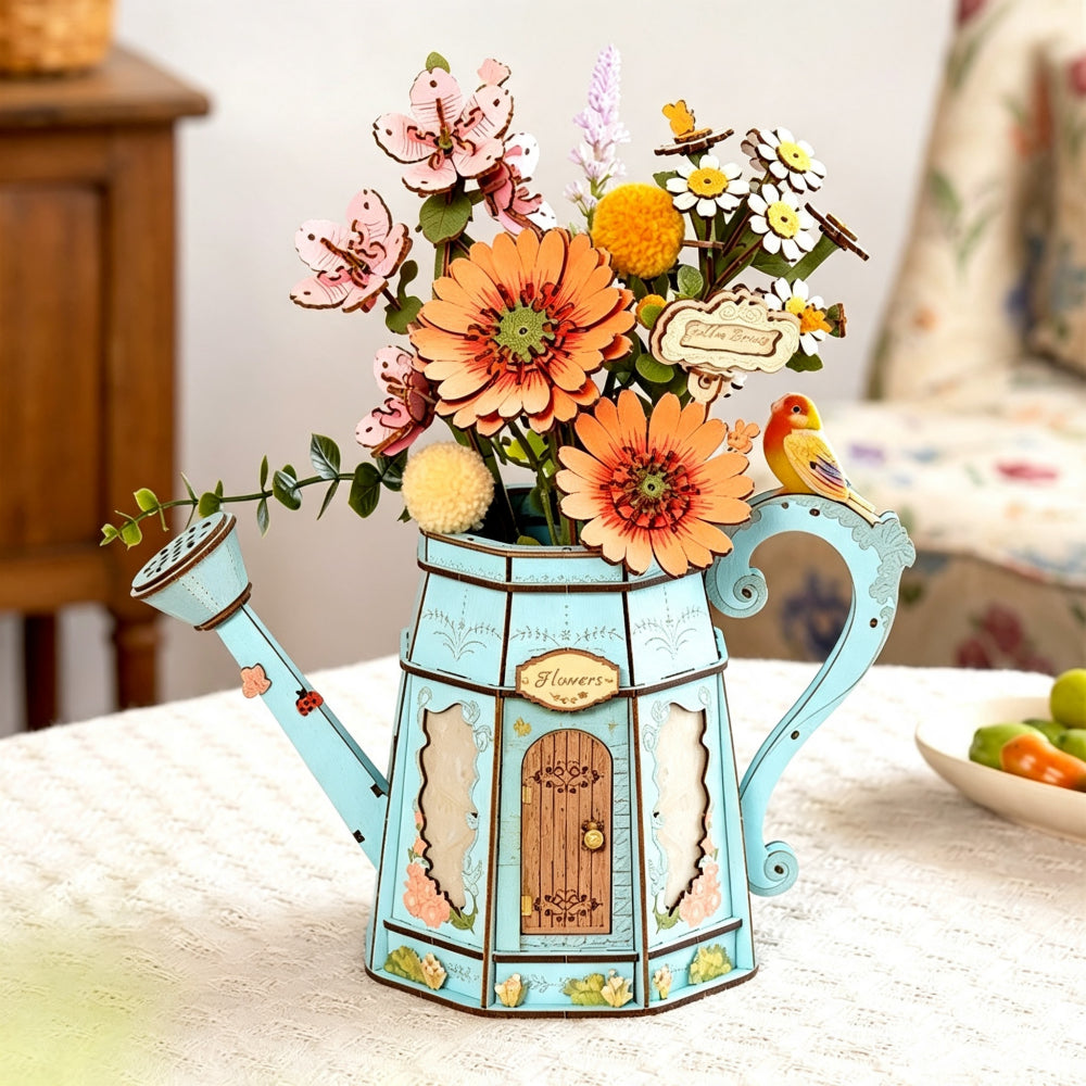 Garden Watering Can Wooden Puzzle Model with Flower Kit
