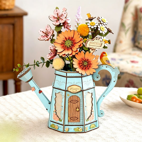 Garden Watering Can Wooden Puzzle Model with Flower Kit