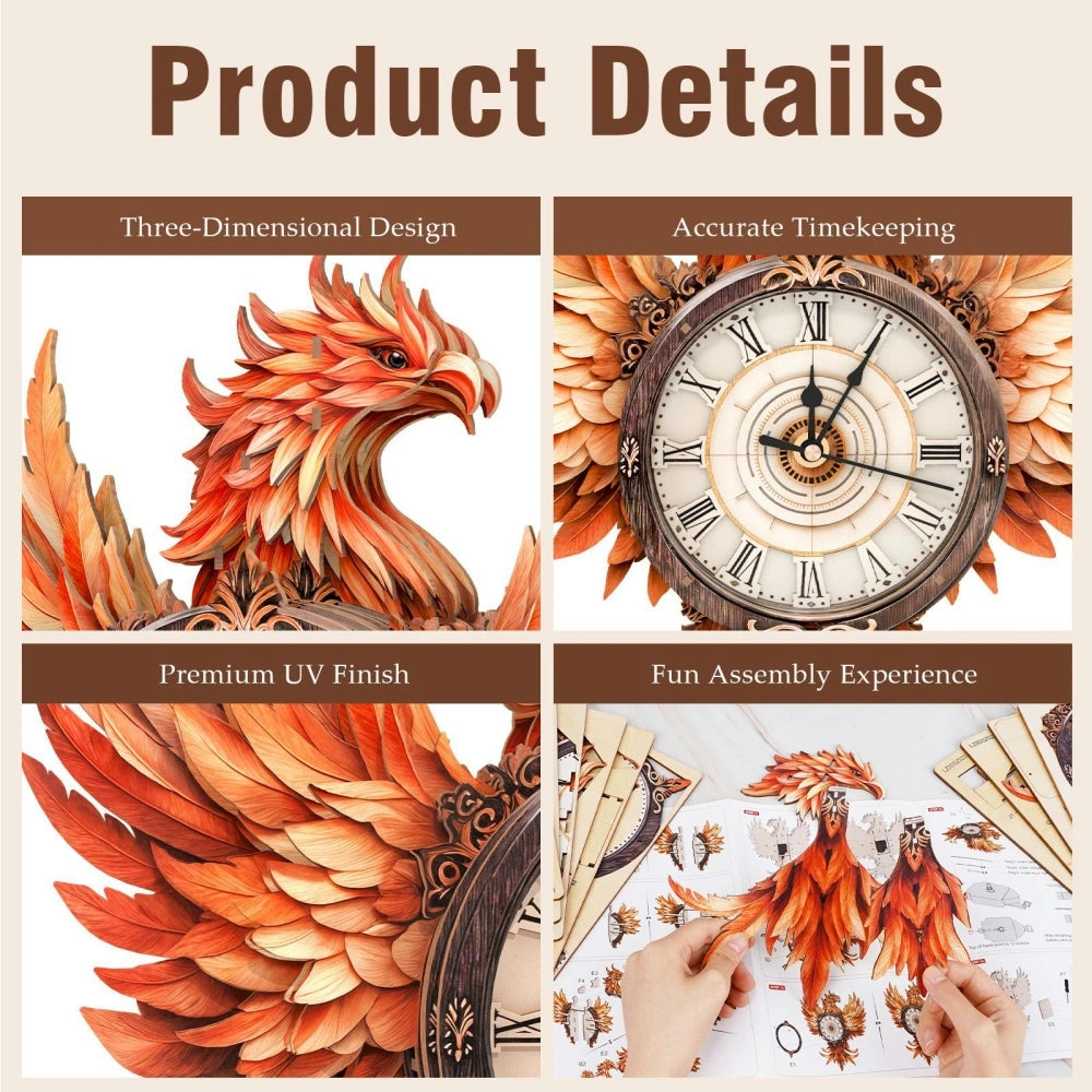 Ugeargeek Wooden Puzzle Wall Clock Series - Fire Phoenix