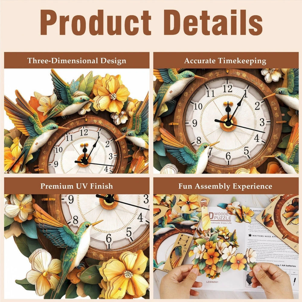 Ugeargeek Wooden Puzzle Wall Clock Series - Hummingbird