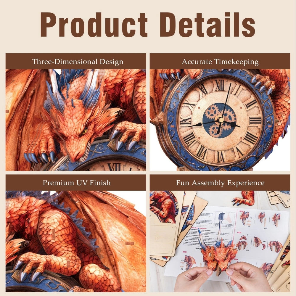 Ugeargeek Wooden Puzzle Wall Clock Series - Fire Dragon