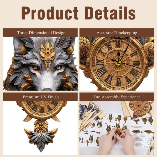 Ugeargeek Wooden Puzzle Wall Clock Series - Gray Wolf
