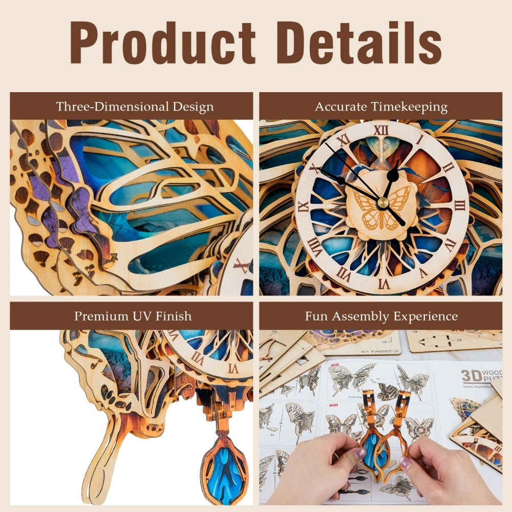 Ugeargeek Wooden Puzzle Wall Clock Series - Butterfly