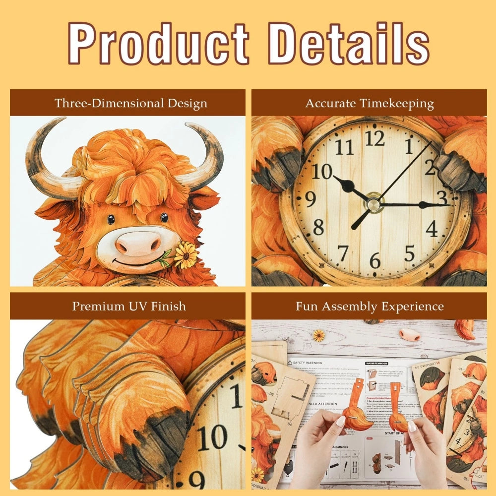 Ugeargeek Wooden Puzzle Wall Clock Series - Highland Cow