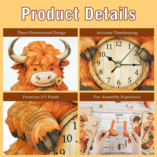 Ugeargeek Wooden Puzzle Wall Clock Series - Highland Cow